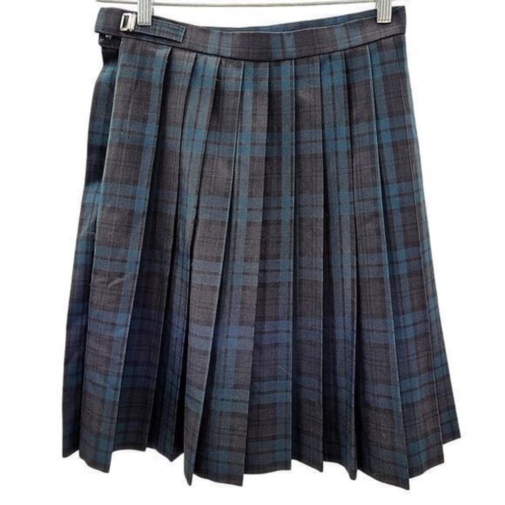 Jissen Vintage‎ Blue Black Watch Plaid Pleaded Schoolgirl Academia Midi Skirt